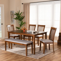 Baxton Studio RH319C-Grey/Walnut-6PC Dining Set Minette Modern and Contemporary Grey Fabric Upholstered and Walnut Brown Finished Wood 6-Piece Dining Set